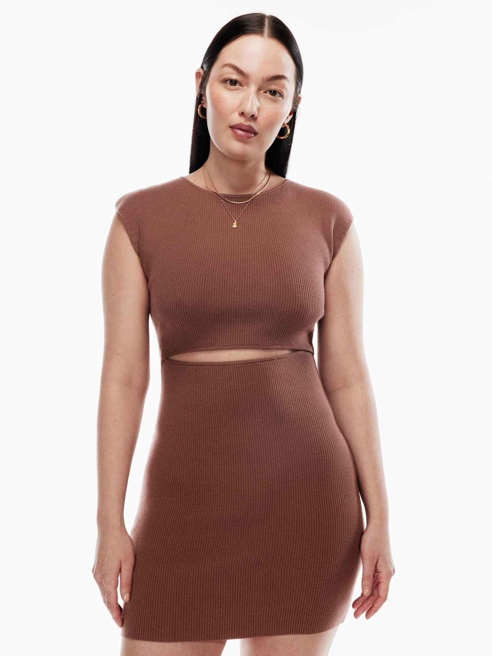 Aritzia Wilfred Free Cut-Out Knit Ribbed Mini Dress | Mocha Sorbet | 2XS